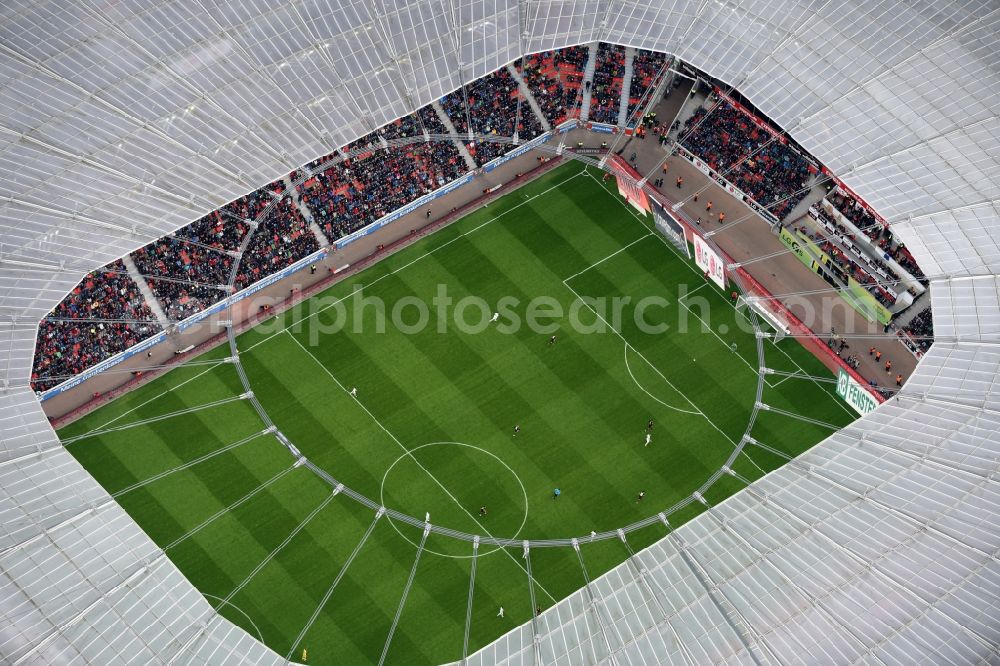 Leverkusen from the bird's eye view: Sports facility grounds of the Arena stadium BayArena on Bismarckstrasse in Leverkusen in the state North Rhine-Westphalia