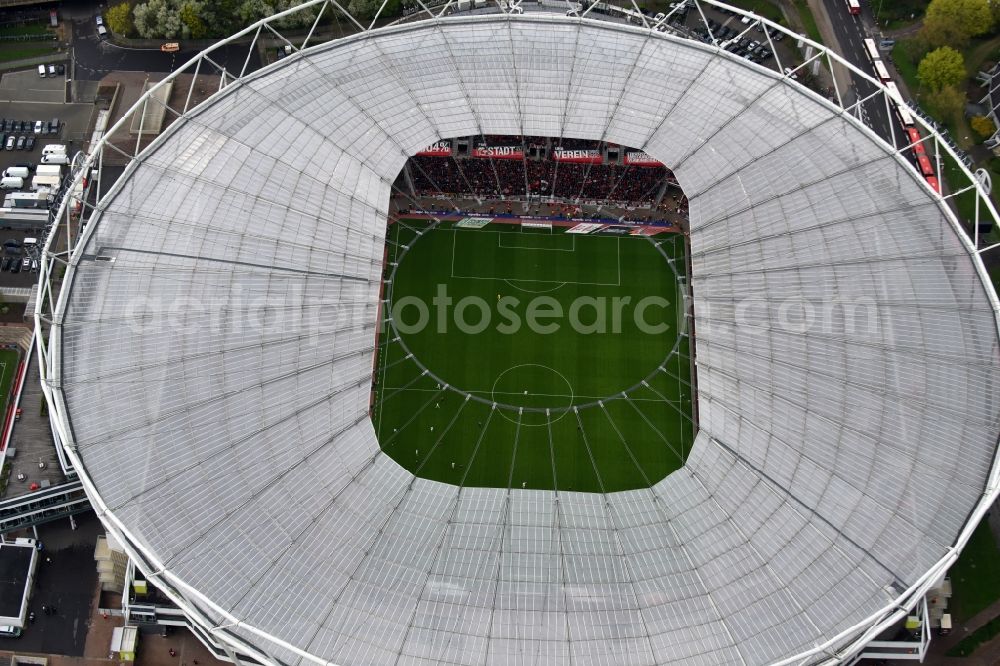 Aerial photograph Leverkusen - Sports facility grounds of the Arena stadium BayArena on Bismarckstrasse in Leverkusen in the state North Rhine-Westphalia