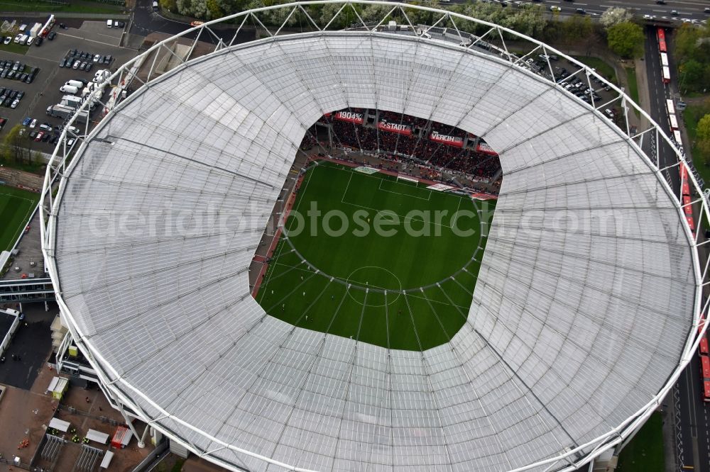 Leverkusen from above - Sports facility grounds of the Arena stadium BayArena on Bismarckstrasse in Leverkusen in the state North Rhine-Westphalia