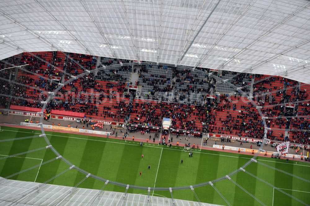 Leverkusen from the bird's eye view: Sports facility grounds of the Arena stadium BayArena on Bismarckstrasse in Leverkusen in the state North Rhine-Westphalia