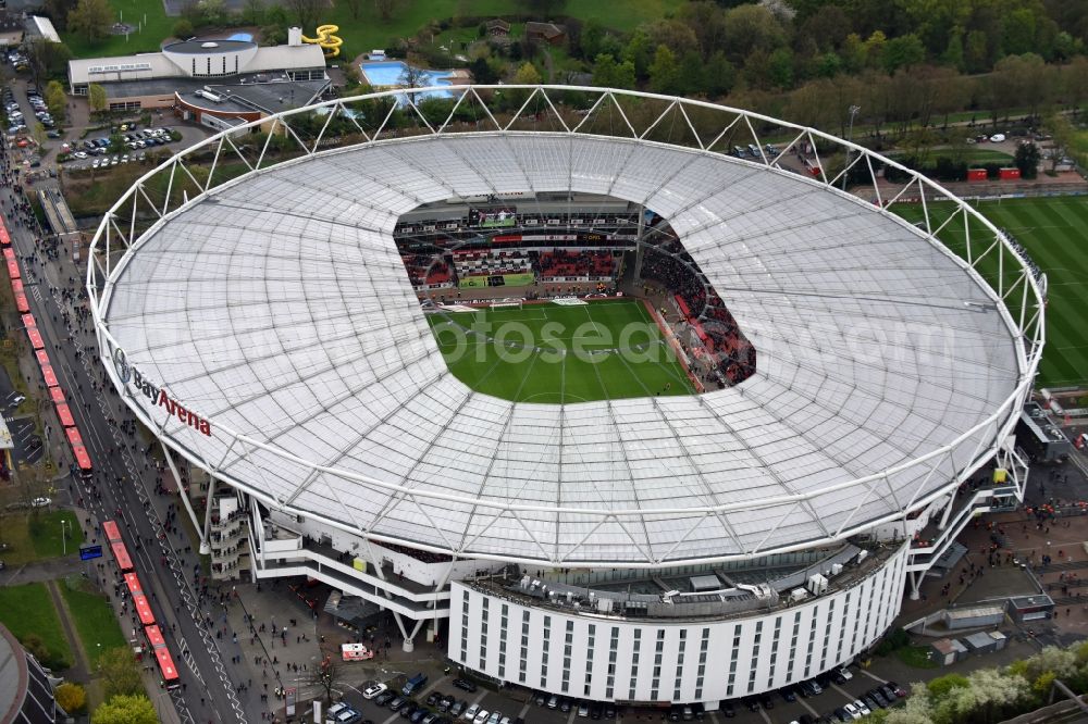 Leverkusen from above - Sports facility grounds of the Arena stadium BayArena on Bismarckstrasse in Leverkusen in the state North Rhine-Westphalia