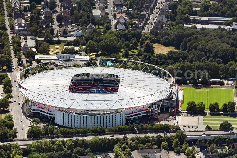 Leverkusen from above - Sports facility grounds of the Arena stadium BayArena on Bismarckstrasse in Leverkusen in the state North Rhine-Westphalia