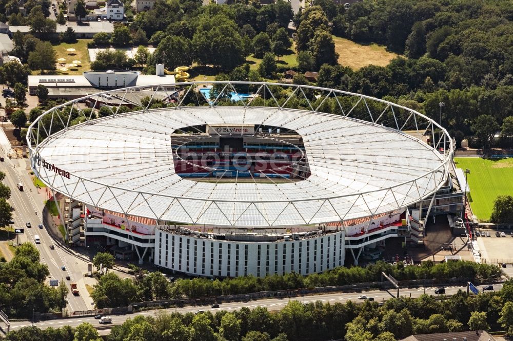 Leverkusen from the bird's eye view: Sports facility grounds of the Arena stadium BayArena on Bismarckstrasse in Leverkusen in the state North Rhine-Westphalia