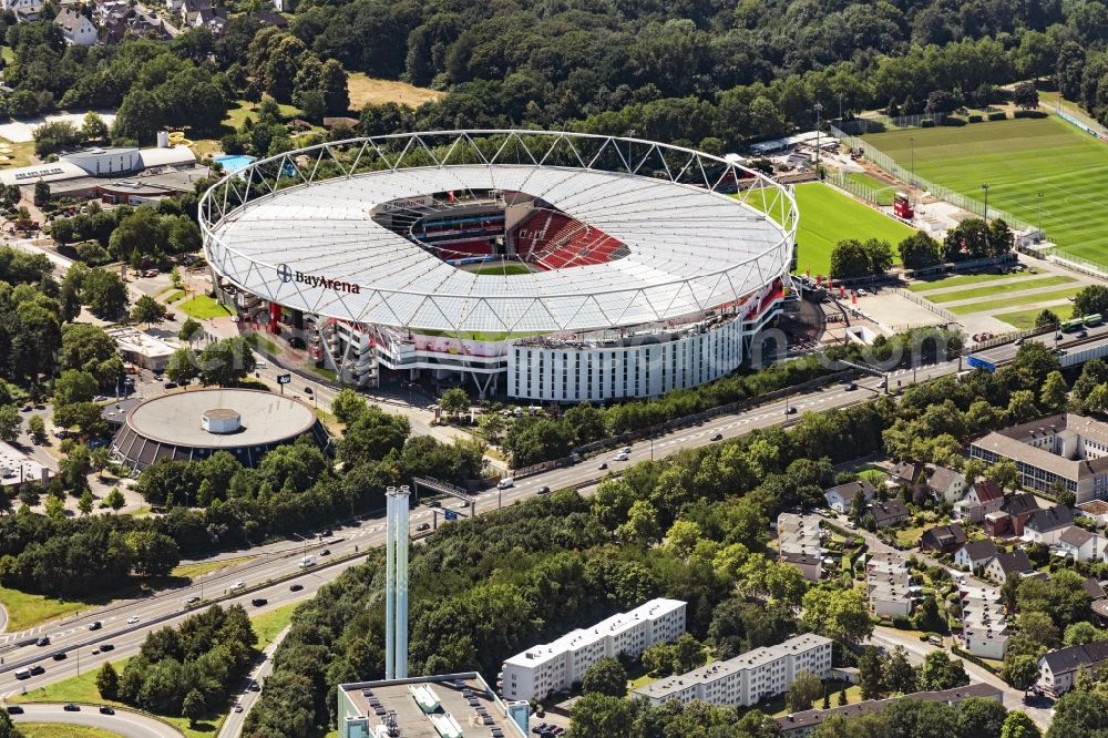 Aerial image Leverkusen - Sports facility grounds of the Arena stadium BayArena on Bismarckstrasse in Leverkusen in the state North Rhine-Westphalia