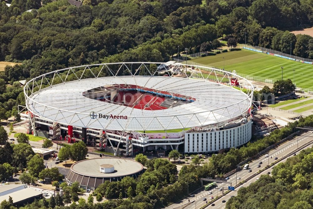 Leverkusen from above - Sports facility grounds of the Arena stadium BayArena on Bismarckstrasse in Leverkusen in the state North Rhine-Westphalia