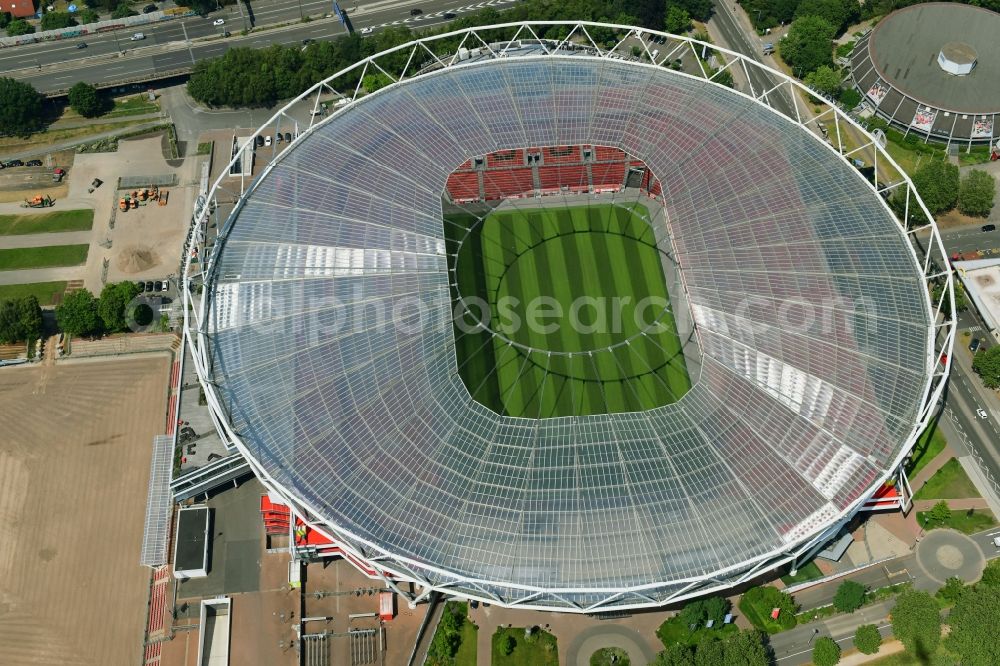 Leverkusen from the bird's eye view: Sports facility grounds of the Arena stadium BayArena on Bismarckstrasse in Leverkusen in the state North Rhine-Westphalia