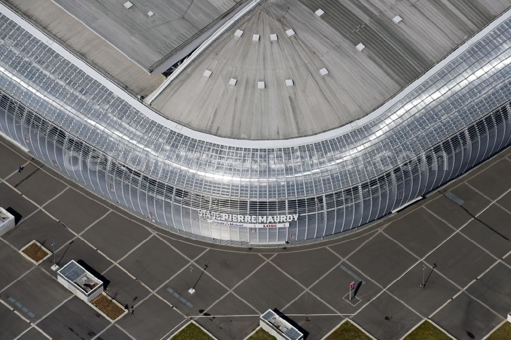 Lille from above - Sports facility grounds of the arena of the stadium Stade Pierre-Mauroy before European Football Championship Euro 2016 destrict Villeneuve-d'Ascq in Lille in Nord-Pas-de-Calais Picardy, France. The building was by the Eiffage group designed by the architect Valode et Pistre architectes and Accueil - Atelier Ferret Architectures