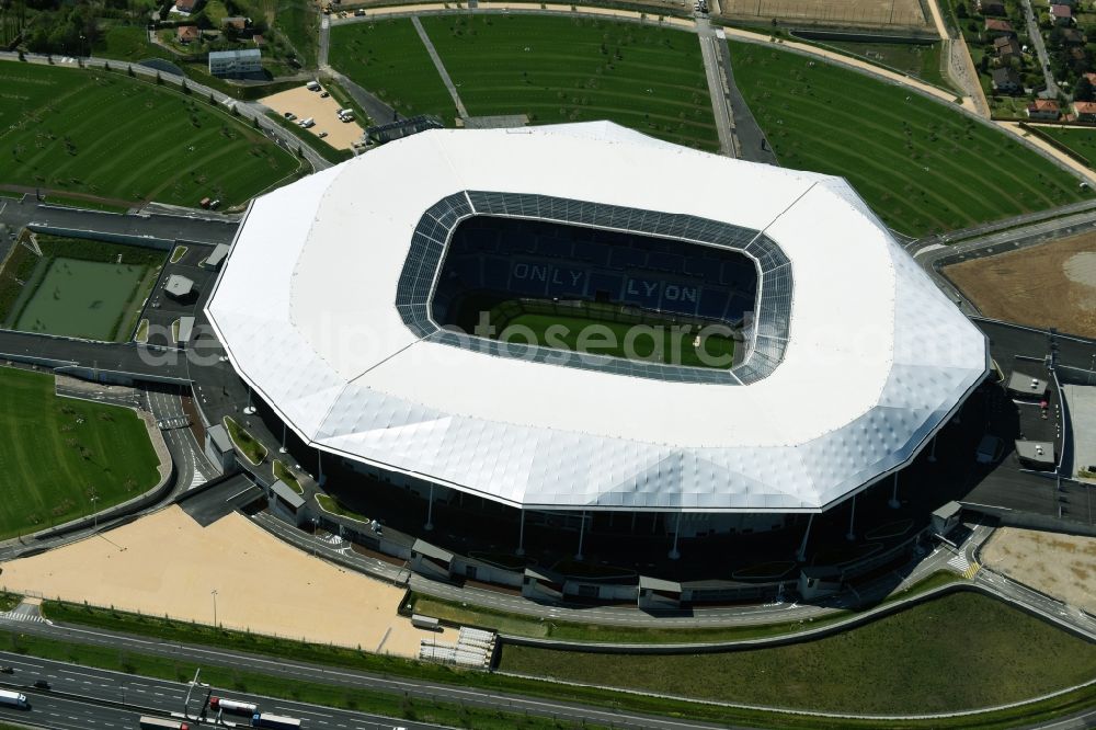 Aerial photograph Lyon Decines-Charpieu - Sports facility grounds of the Arena stadium Stade des Lumieres im Parc Olympique Lyonnais before the European Football Championship 2016 in Lyon - Decines-Charpieu in Auvergne Rhone-Alpes, France