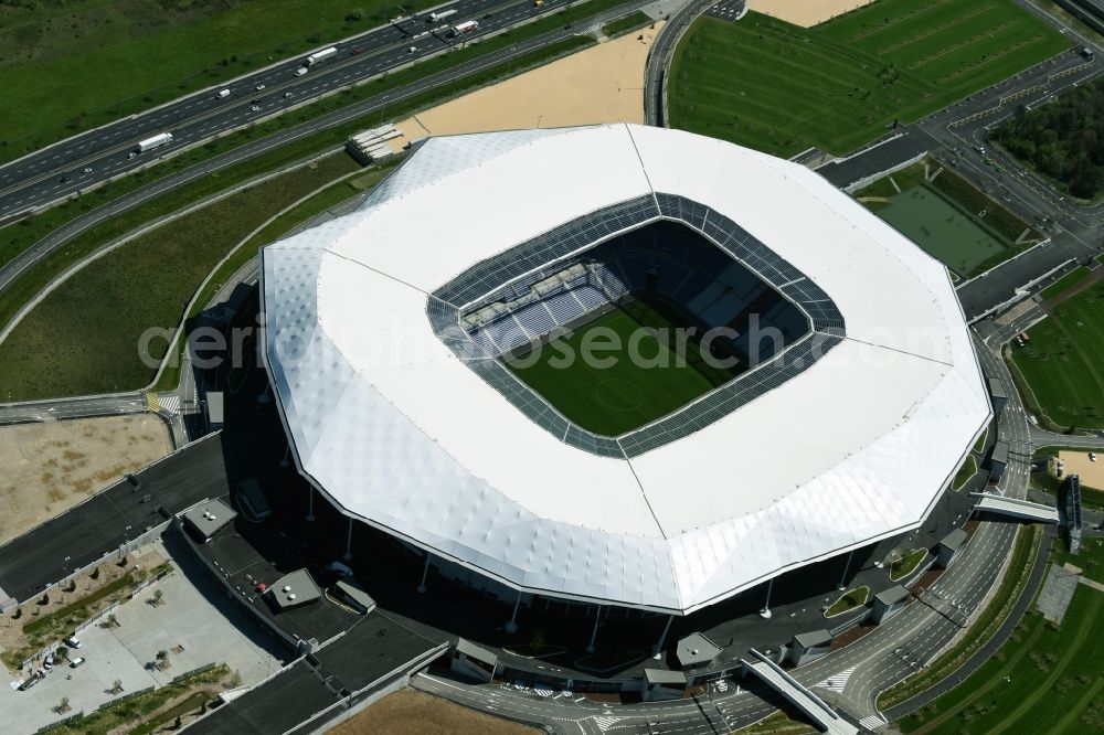 Aerial photograph Lyon Decines-Charpieu - Sports facility grounds of the Arena stadium Stade des Lumieres im Parc Olympique Lyonnais before the European Football Championship 2016 in Lyon - Decines-Charpieu in Auvergne Rhone-Alpes, France