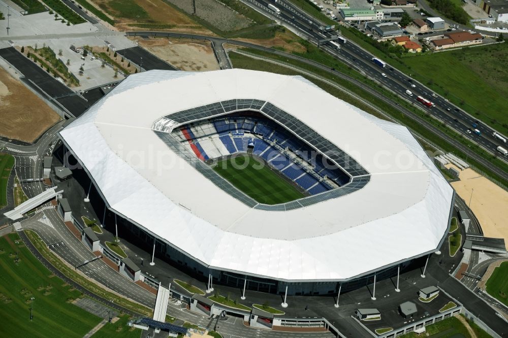 Aerial photograph Lyon Decines-Charpieu - Sports facility grounds of the Arena stadium Stade des Lumieres im Parc Olympique Lyonnais before the European Football Championship 2016 in Lyon - Decines-Charpieu in Auvergne Rhone-Alpes, France