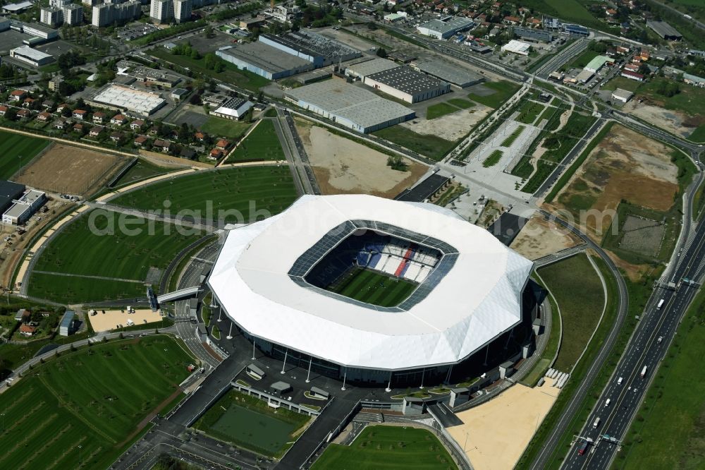 Aerial photograph Lyon Decines-Charpieu - Sports facility grounds of the Arena stadium Stade des Lumieres im Parc Olympique Lyonnais before the European Football Championship 2016 in Lyon - Decines-Charpieu in Auvergne Rhone-Alpes, France