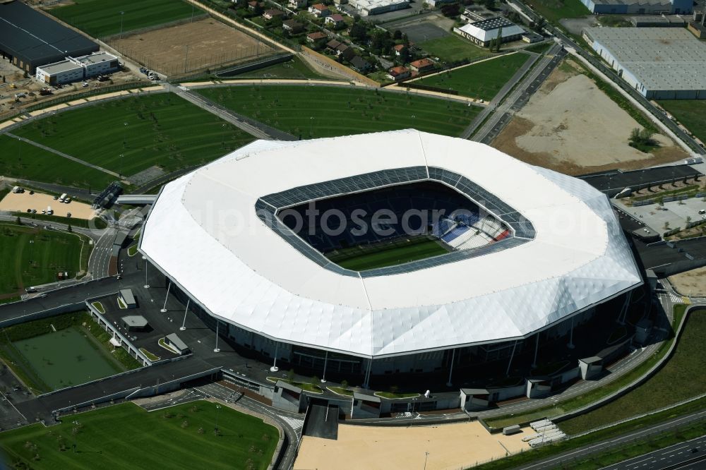 Aerial image Lyon Decines-Charpieu - Sports facility grounds of the Arena stadium Stade des Lumieres im Parc Olympique Lyonnais before the European Football Championship 2016 in Lyon - Decines-Charpieu in Auvergne Rhone-Alpes, France