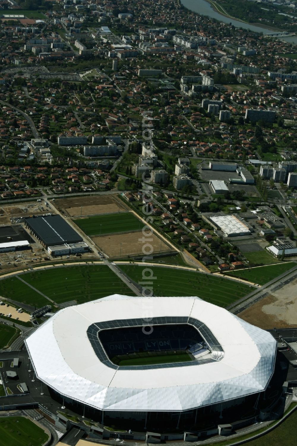 Lyon Decines-Charpieu from above - Sports facility grounds of the Arena stadium Stade des Lumieres im Parc Olympique Lyonnais before the European Football Championship 2016 in Lyon - Decines-Charpieu in Auvergne Rhone-Alpes, France