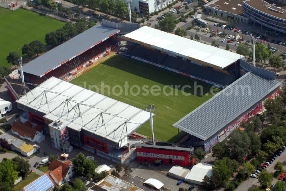 Mainz from the bird's eye view: Sports facility grounds of the Arena stadium in Mainz in the state Rhineland-Palatinate