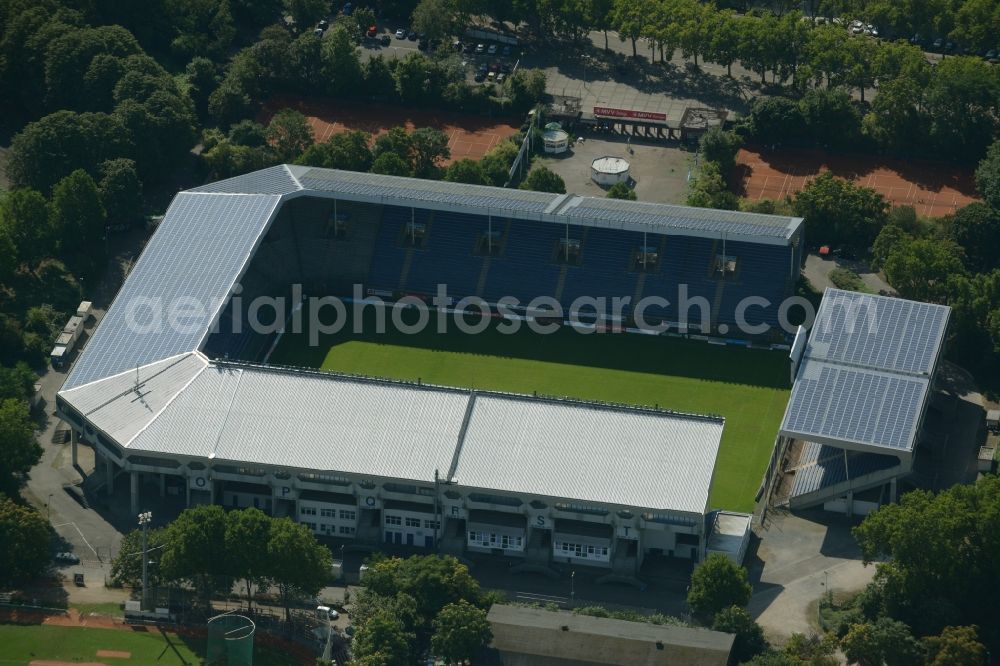 Aerial image Mannheim - Sports facility grounds of the Arena stadium Carl-Benz-Stadion in Mannheim in the state Baden-Wuerttemberg. This stadium is home ground of the SV Waldhof Mannheim 07