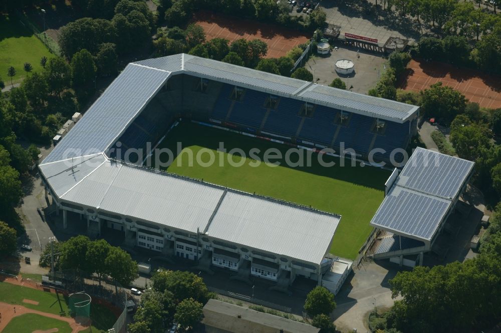 Aerial photograph Mannheim - Sports facility grounds of the Arena stadium Carl-Benz-Stadion in Mannheim in the state Baden-Wuerttemberg. This stadium is home ground of the SV Waldhof Mannheim 07