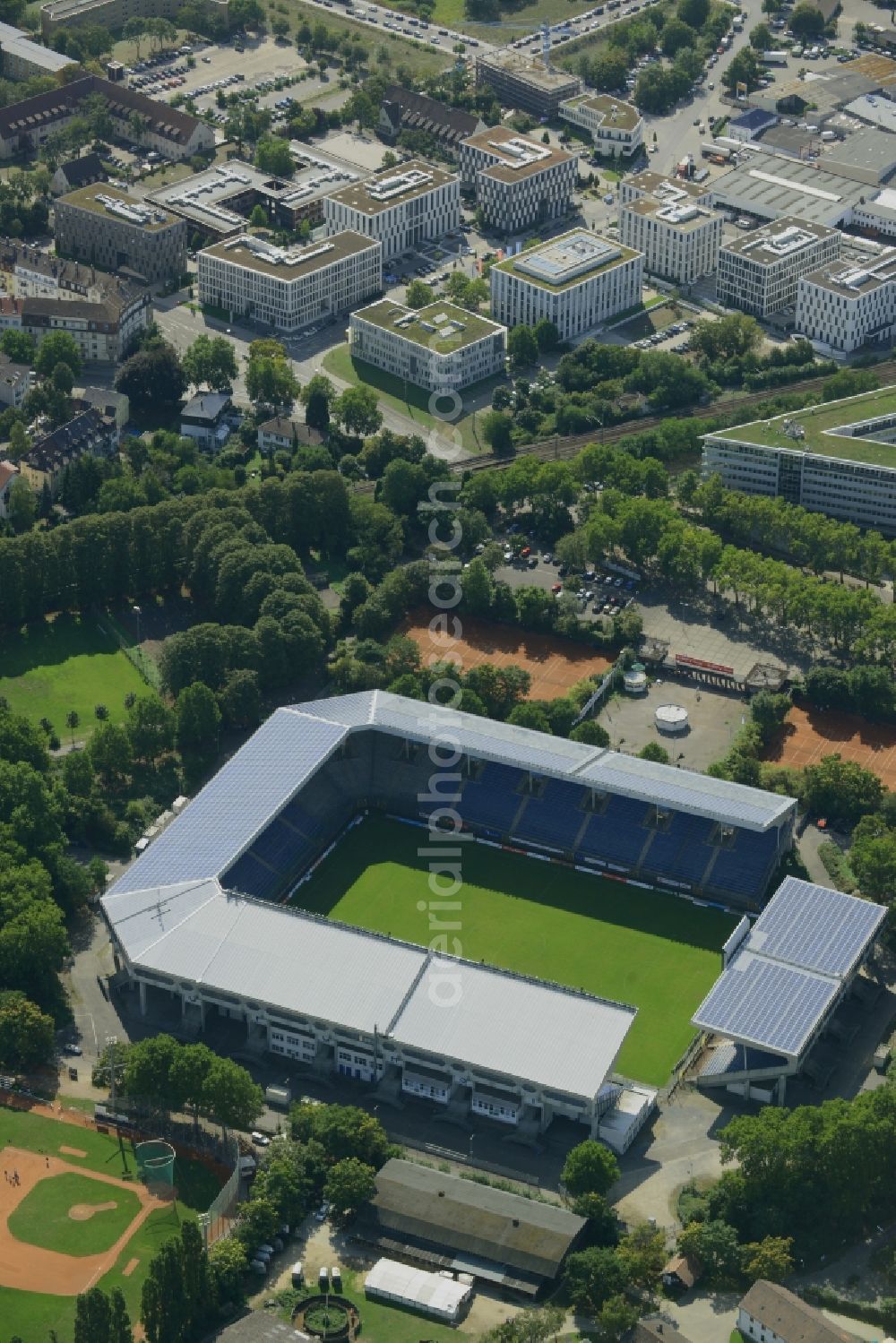 Mannheim from above - Sports facility grounds of the Arena stadium Carl-Benz-Stadion in Mannheim in the state Baden-Wuerttemberg. This stadium is home ground of the SV Waldhof Mannheim 07