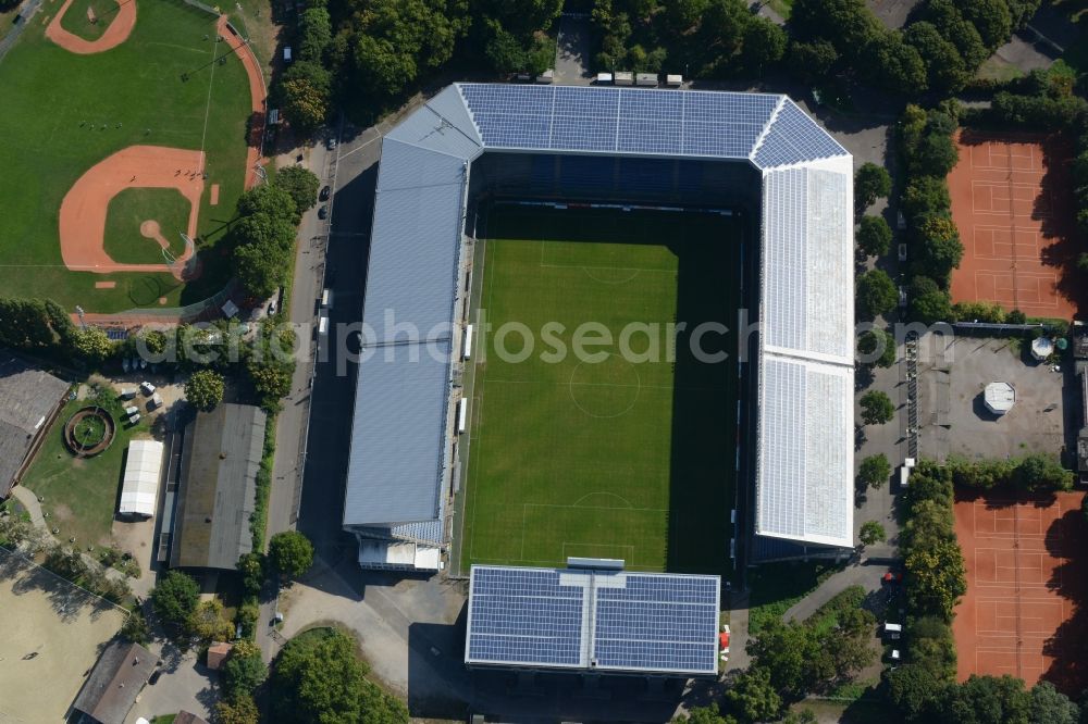 Mannheim from the bird's eye view: Sports facility grounds of the Arena stadium Carl-Benz-Stadion in Mannheim in the state Baden-Wuerttemberg. This stadium is home ground of the SV Waldhof Mannheim 07