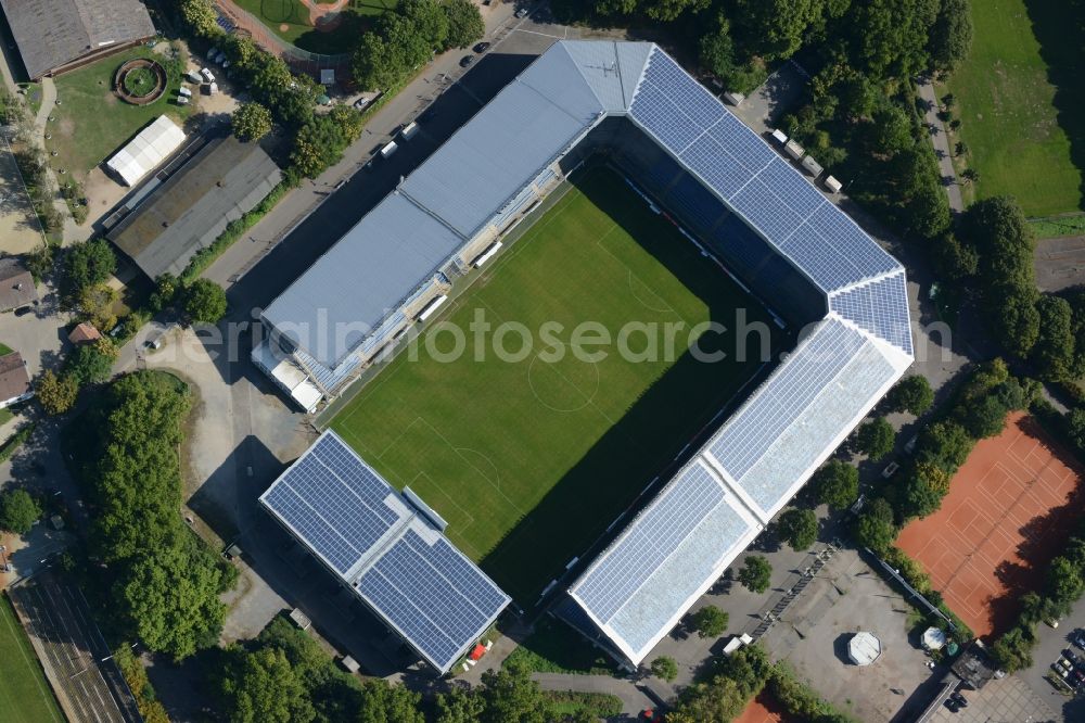 Aerial image Mannheim - Sports facility grounds of the Arena stadium Carl-Benz-Stadion in Mannheim in the state Baden-Wuerttemberg. This stadium is home ground of the SV Waldhof Mannheim 07