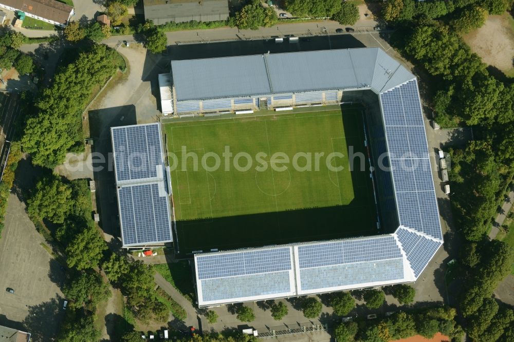 Aerial photograph Mannheim - Sports facility grounds of the Arena stadium Carl-Benz-Stadion in Mannheim in the state Baden-Wuerttemberg. This stadium is home ground of the SV Waldhof Mannheim 07