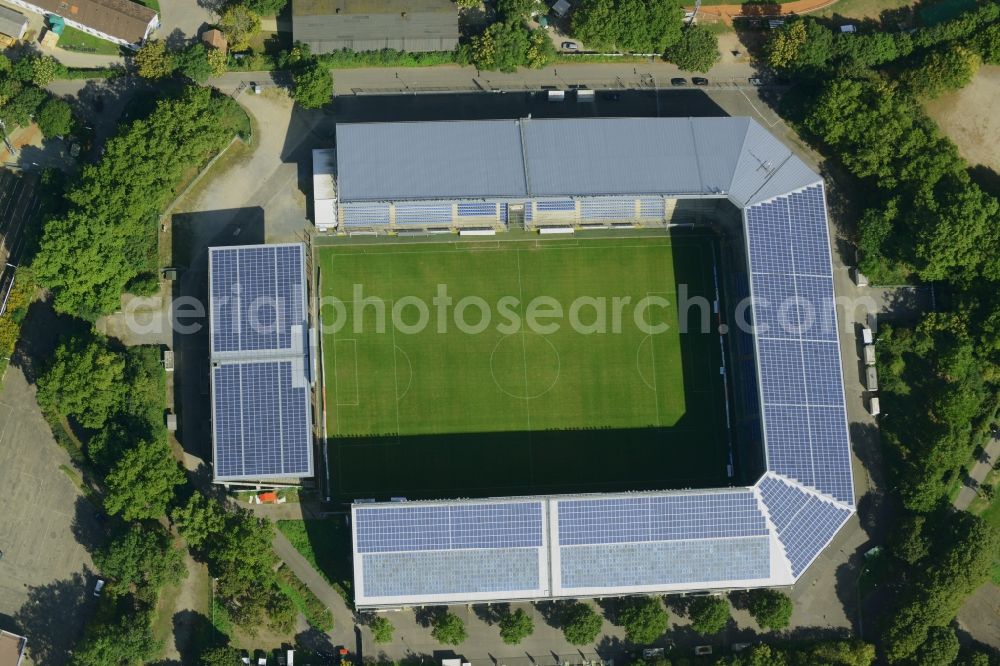 Mannheim from the bird's eye view: Sports facility grounds of the Arena stadium Carl-Benz-Stadion in Mannheim in the state Baden-Wuerttemberg. This stadium is home ground of the SV Waldhof Mannheim 07