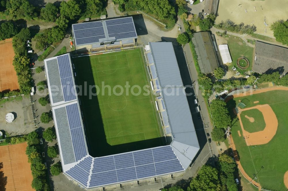 Aerial image Mannheim - Sports facility grounds of the Arena stadium Carl-Benz-Stadion in Mannheim in the state Baden-Wuerttemberg. This stadium is home ground of the SV Waldhof Mannheim 07