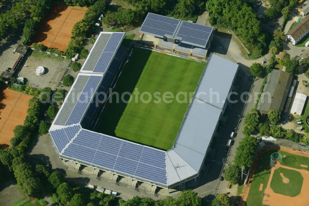 Mannheim from above - Sports facility grounds of the Arena stadium Carl-Benz-Stadion in Mannheim in the state Baden-Wuerttemberg. This stadium is home ground of the SV Waldhof Mannheim 07