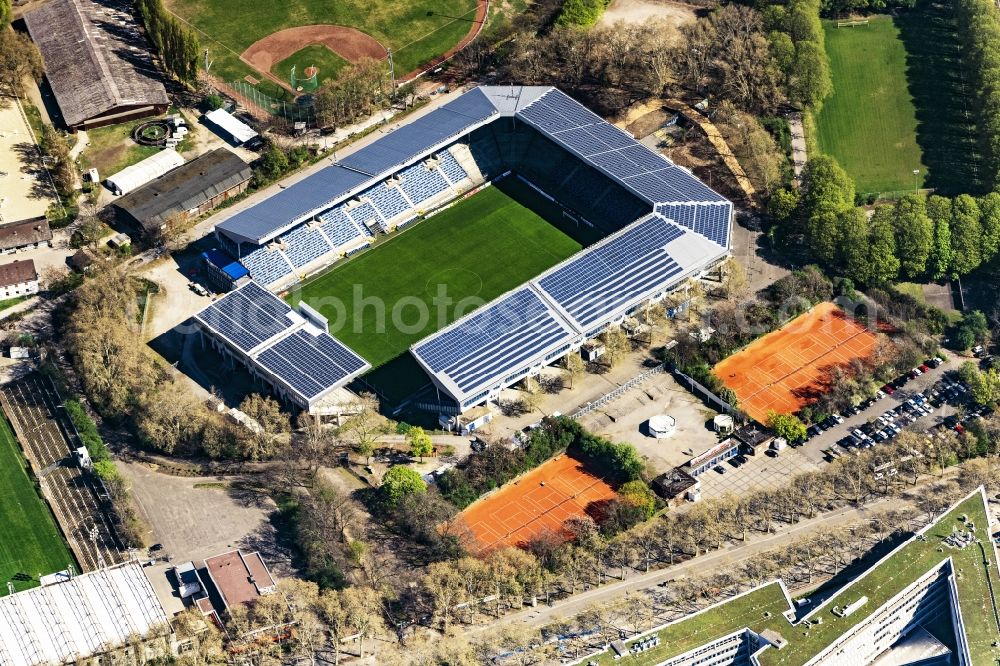 Mannheim from above - Sports facility grounds of the Arena stadium Carl-Benz-Stadion in Mannheim in the state Baden-Wurttemberg. This stadium is home ground of the SV Waldhof Mannheim 07