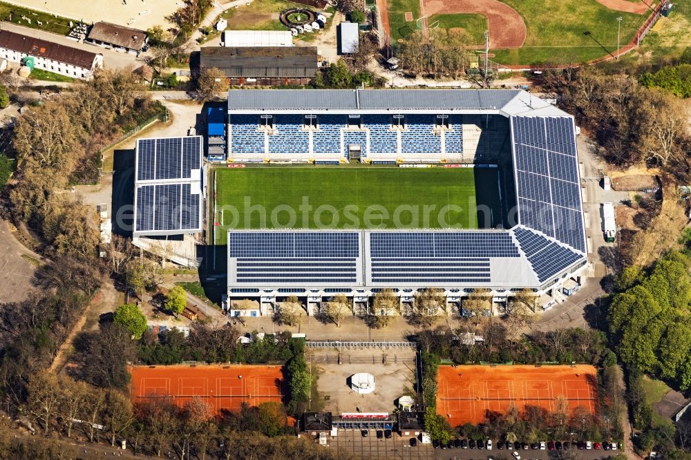 Mannheim from the bird's eye view: Sports facility grounds of the Arena stadium Carl-Benz-Stadion in Mannheim in the state Baden-Wurttemberg. This stadium is home ground of the SV Waldhof Mannheim 07