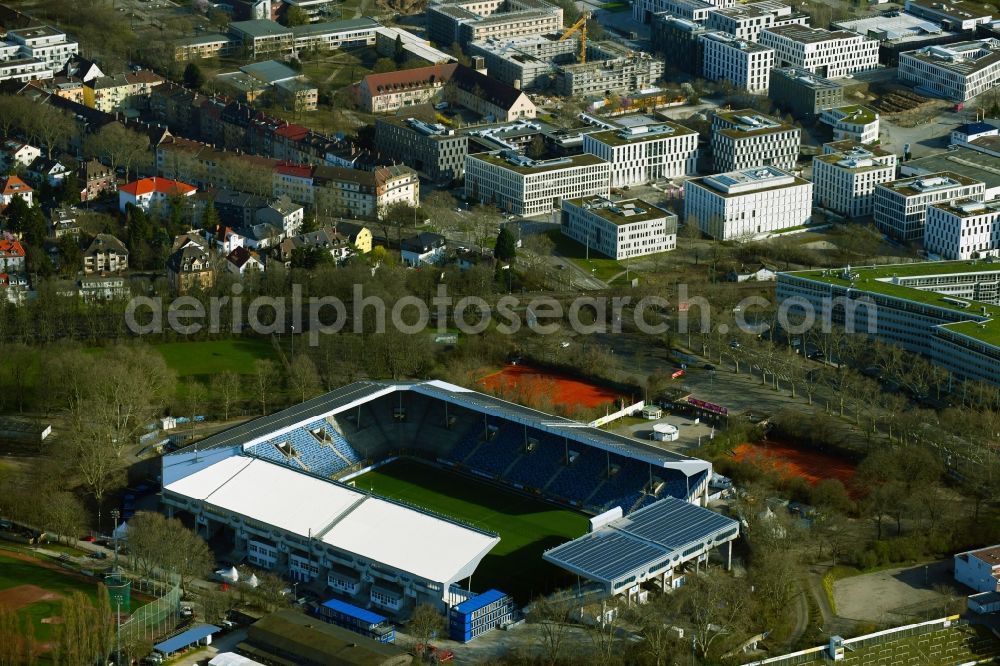 Aerial image Mannheim - Sports facility grounds of the Arena stadium Carl-Benz-Stadion in Mannheim in the state Baden-Wurttemberg. This stadium is home ground of the SV Waldhof Mannheim 07