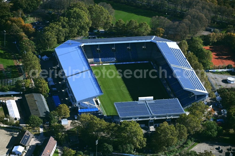 Mannheim from the bird's eye view: Sports facility grounds of the Arena stadium Carl-Benz-Stadion in Mannheim in the state Baden-Wurttemberg. This stadium is home ground of the SV Waldhof Mannheim 07