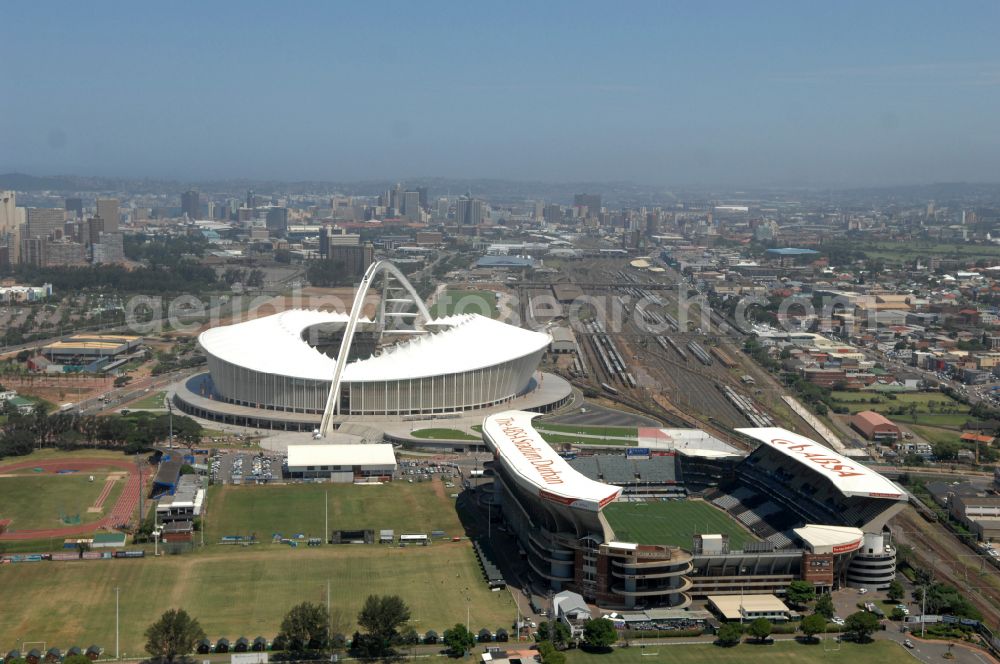 Durban from above - Sports facility area of the arena of the stadium Moses Mabhida Stadium in Kings Park on Masabalala Yengwa Avenue in the district of Stamford Hill in Durban in KwaZulu-Natal, South Africa