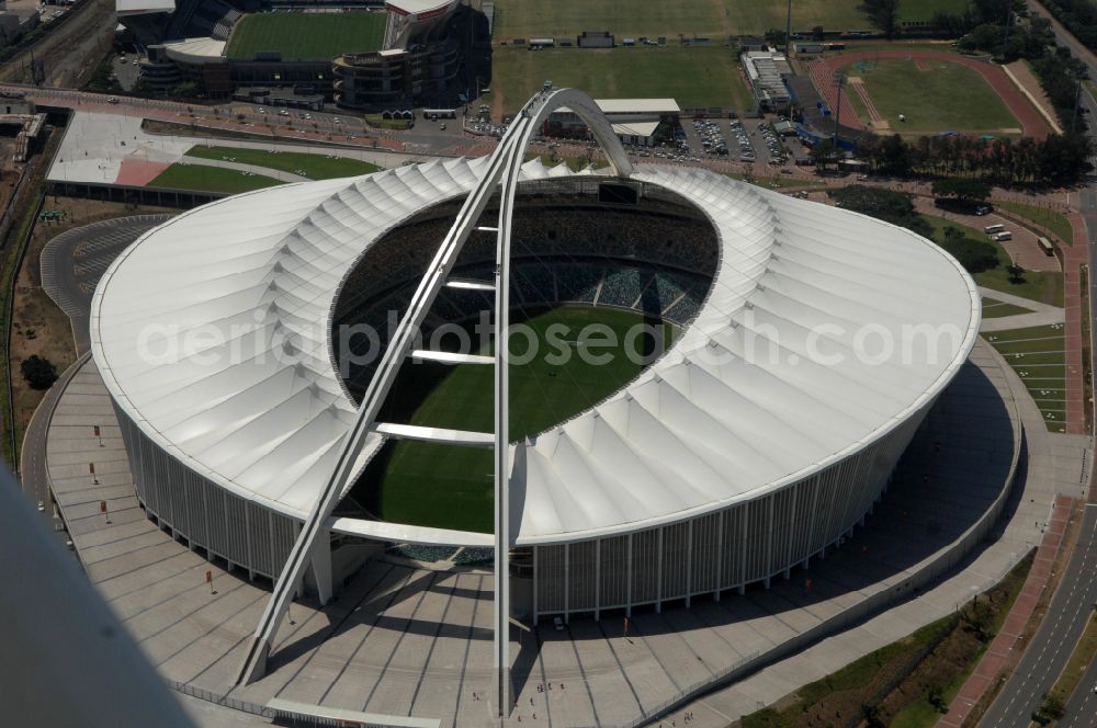 Aerial image Durban - Sports facility area of the arena of the stadium Moses Mabhida Stadium in Kings Park on Masabalala Yengwa Avenue in the district of Stamford Hill in Durban in KwaZulu-Natal, South Africa