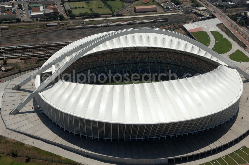 Durban from above - Sports facility area of the arena of the stadium Moses Mabhida Stadium in Kings Park on Masabalala Yengwa Avenue in the district of Stamford Hill in Durban in KwaZulu-Natal, South Africa