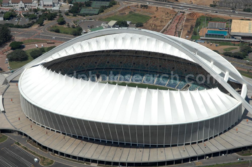 Durban from above - Sports facility area of the arena of the stadium Moses Mabhida Stadium in Kings Park on Masabalala Yengwa Avenue in the district of Stamford Hill in Durban in KwaZulu-Natal, South Africa