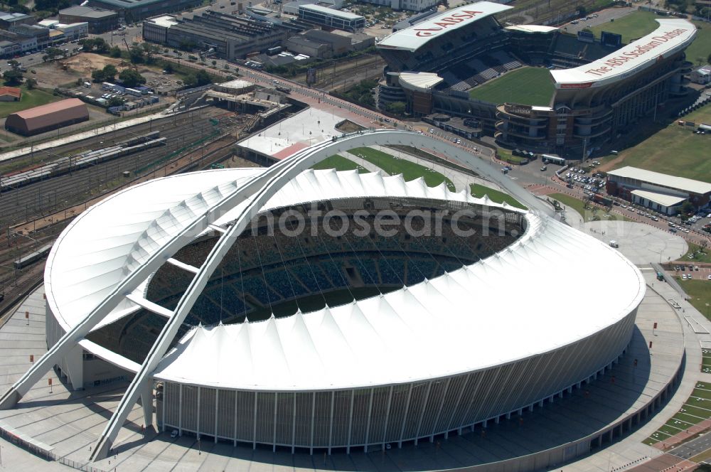 Durban from above - Sports facility area of the arena of the stadium Moses Mabhida Stadium in Kings Park on Masabalala Yengwa Avenue in the district of Stamford Hill in Durban in KwaZulu-Natal, South Africa