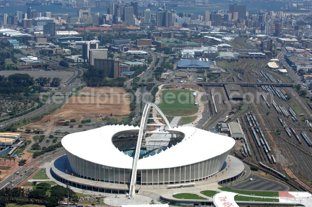 Durban from above - Sports facility area of the arena of the stadium Moses Mabhida Stadium in Kings Park on Masabalala Yengwa Avenue in the district of Stamford Hill in Durban in KwaZulu-Natal, South Africa