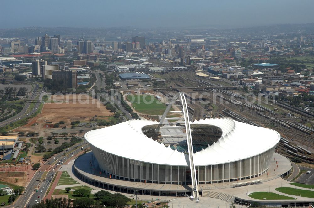 Durban from above - Sports facility area of the arena of the stadium Moses Mabhida Stadium in Kings Park on Masabalala Yengwa Avenue in the district of Stamford Hill in Durban in KwaZulu-Natal, South Africa