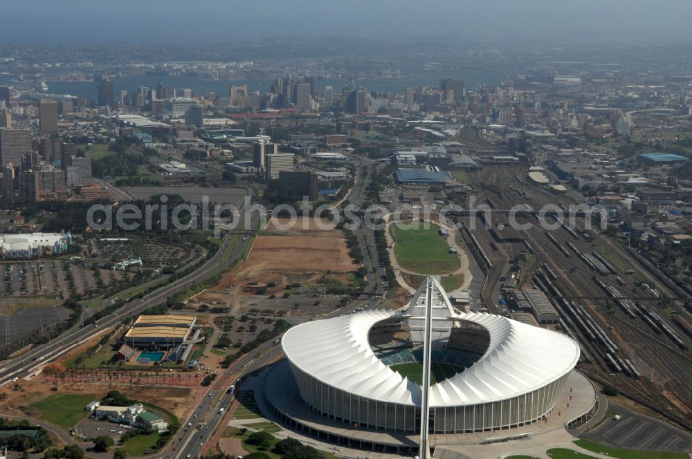 Aerial image Durban - Sports facility area of the arena of the stadium Moses Mabhida Stadium in Kings Park on Masabalala Yengwa Avenue in the district of Stamford Hill in Durban in KwaZulu-Natal, South Africa