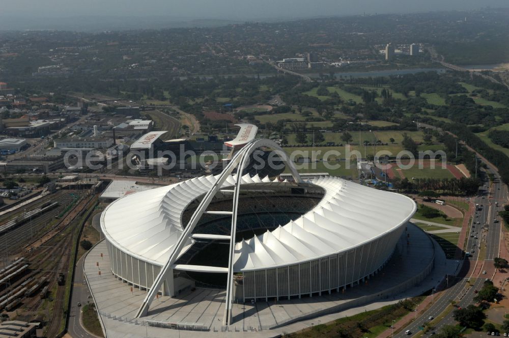 Durban from the bird's eye view: Sports facility area of the arena of the stadium Moses Mabhida Stadium in Kings Park on Masabalala Yengwa Avenue in the district of Stamford Hill in Durban in KwaZulu-Natal, South Africa