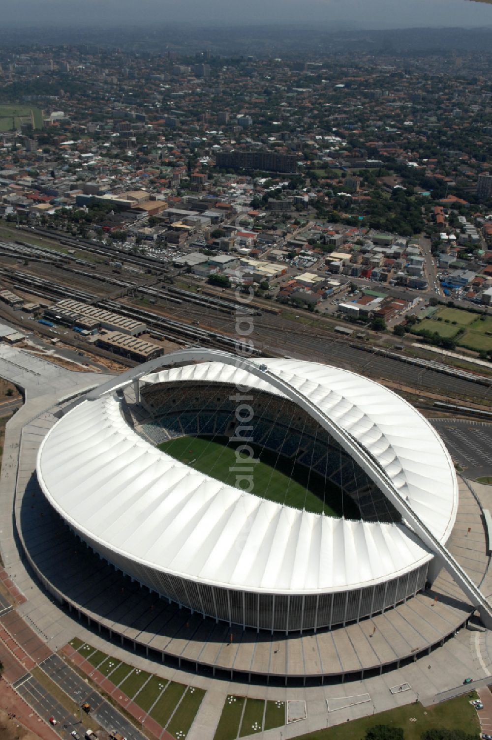 Aerial image Durban - Sports facility area of the arena of the stadium Moses Mabhida Stadium in Kings Park on Masabalala Yengwa Avenue in the district of Stamford Hill in Durban in KwaZulu-Natal, South Africa