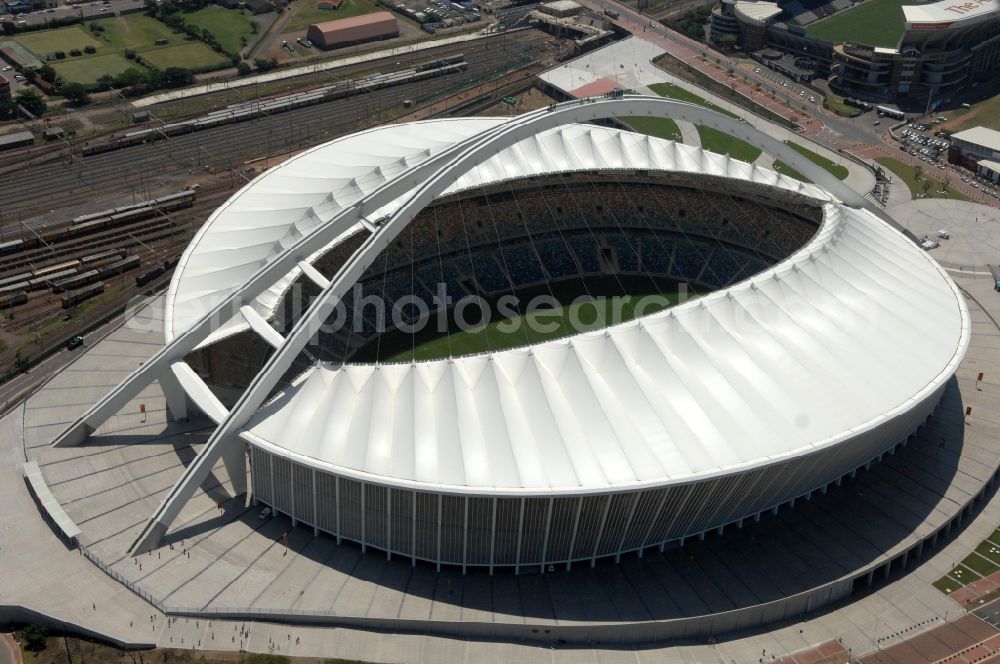 Durban from above - Sports facility area of the arena of the stadium Moses Mabhida Stadium in Kings Park on Masabalala Yengwa Avenue in the district of Stamford Hill in Durban in KwaZulu-Natal, South Africa