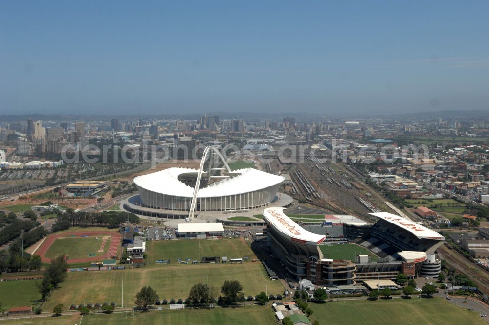 Aerial image Durban - Sports facility area of the arena of the stadium Moses Mabhida Stadium in Kings Park on Masabalala Yengwa Avenue in the district of Stamford Hill in Durban in KwaZulu-Natal, South Africa