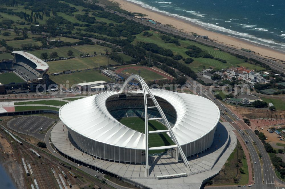 Durban from above - Sports facility area of the arena of the stadium Moses Mabhida Stadium in Kings Park on Masabalala Yengwa Avenue in the district of Stamford Hill in Durban in KwaZulu-Natal, South Africa