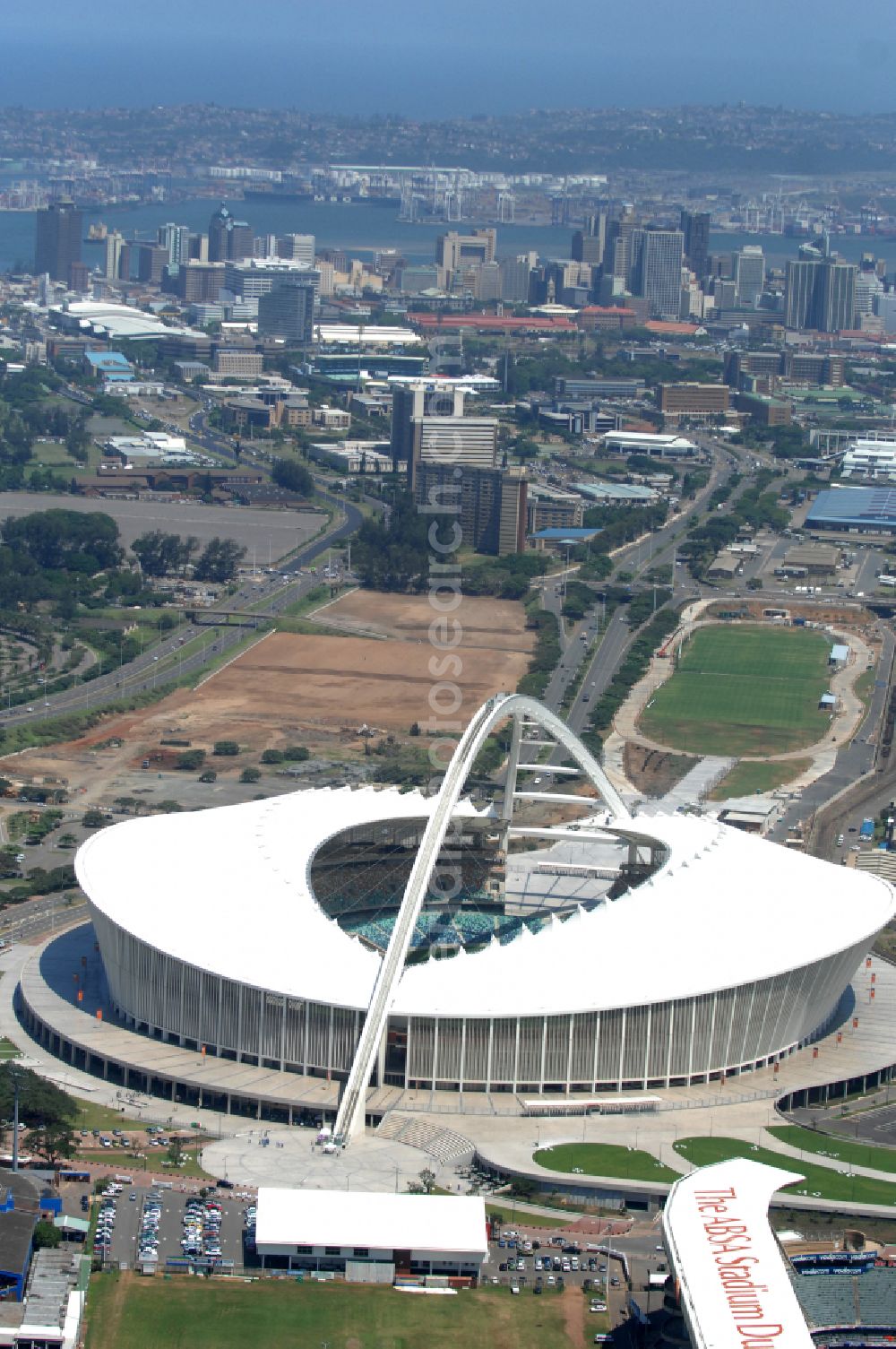 Durban from above - Sports facility area of the arena of the stadium Moses Mabhida Stadium in Kings Park on Masabalala Yengwa Avenue in the district of Stamford Hill in Durban in KwaZulu-Natal, South Africa