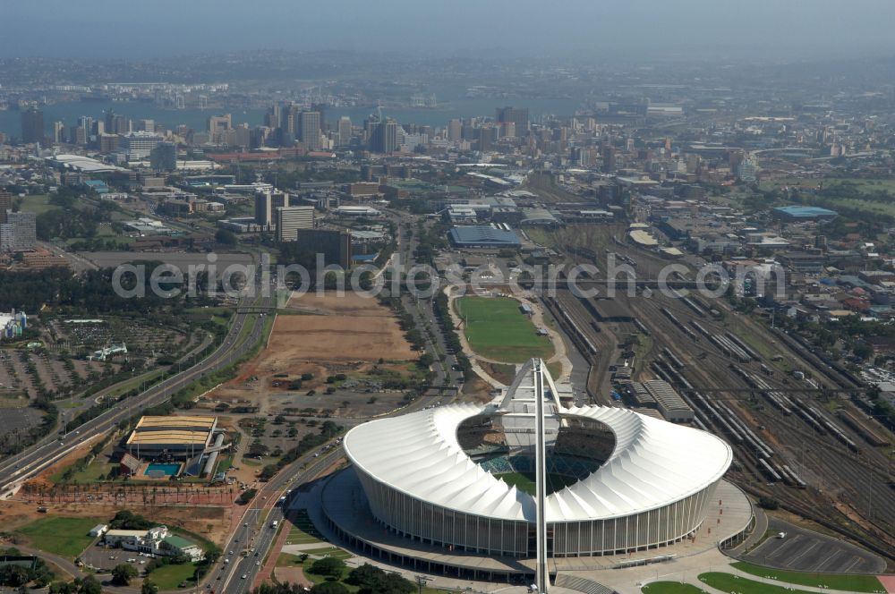 Durban from above - Sports facility area of the arena of the stadium Moses Mabhida Stadium in Kings Park on Masabalala Yengwa Avenue in the district of Stamford Hill in Durban in KwaZulu-Natal, South Africa