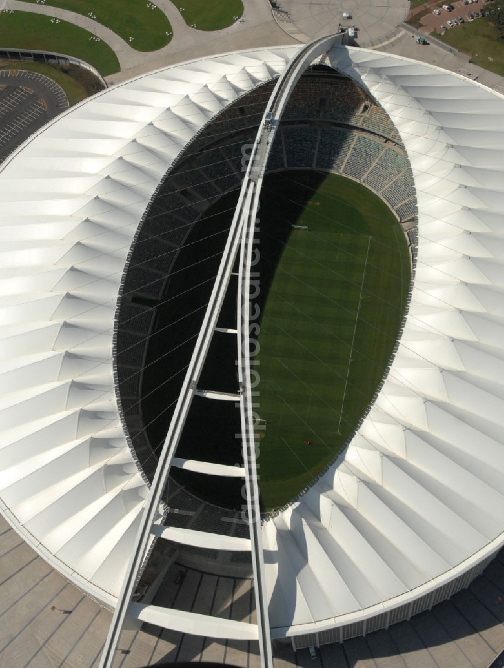 Aerial image Durban - Sports facility area of the arena of the stadium Moses Mabhida Stadium in Kings Park on Masabalala Yengwa Avenue in the district of Stamford Hill in Durban in KwaZulu-Natal, South Africa