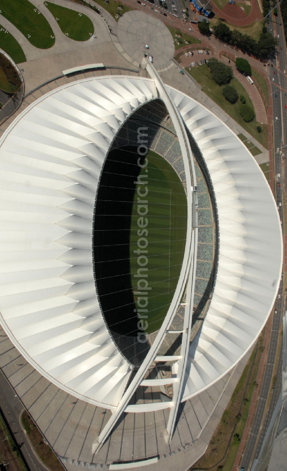 Durban from above - Sports facility area of the arena of the stadium Moses Mabhida Stadium in Kings Park on Masabalala Yengwa Avenue in the district of Stamford Hill in Durban in KwaZulu-Natal, South Africa