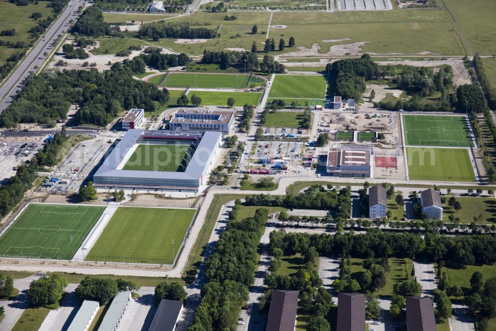 München from above - Sports facility grounds of the Arena stadium of Nachwuchsleistungszentrum (NLZ) fuer den FC Bayern Muenchen in the district Milbertshofen-Am Hart in Munich in the state Bavaria, Germany