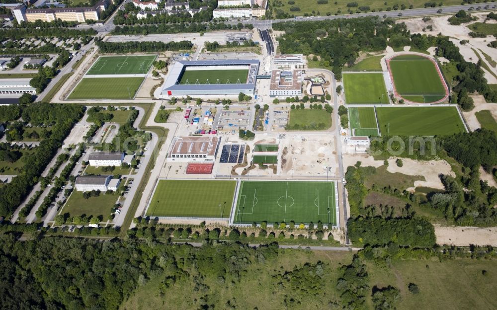 München from above - Sports facility grounds of the Arena stadium of Nachwuchsleistungszentrum (NLZ) fuer den FC Bayern Muenchen in the district Milbertshofen-Am Hart in Munich in the state Bavaria, Germany